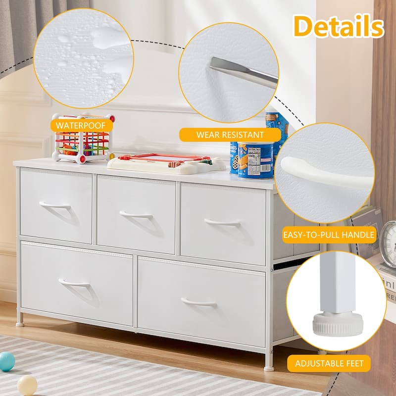 Modern 5-Drawer Chest of Drawers with Fabric Bin, Steel Frame, Wood Top for Bedroom, Entryway