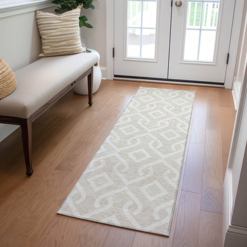 Machine Washable Indoor/ Outdoor Chantille Trellis Scroll Rug - Beige - 2'3" x 7'6"