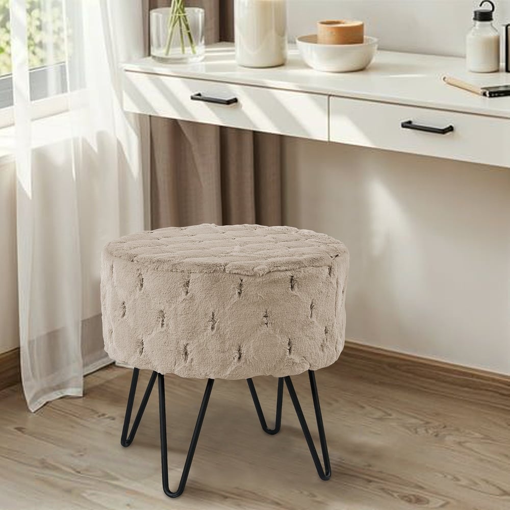 Jacquard Solid Fauxfur Round Ottoman