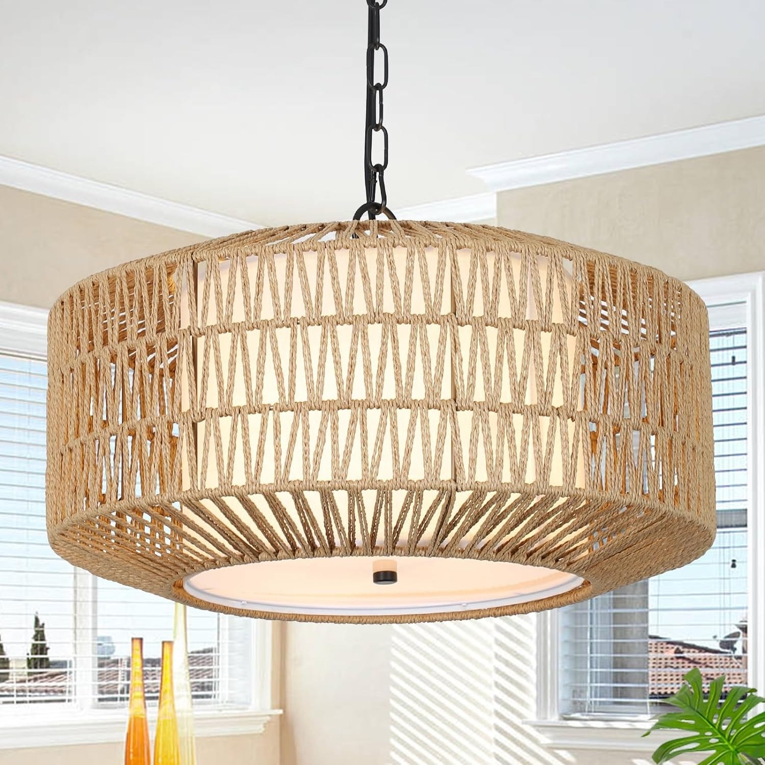 4-Lights Farmhouse Rattan Chandelier, Boho Handwoven Light Fixture with Fabric Shades