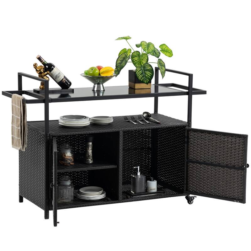 Anmytek Rolling Outdoor Wicker Bar Cart Rattan Beverage Serving Cart with Wheels Glass Top Black for Patio Poolside