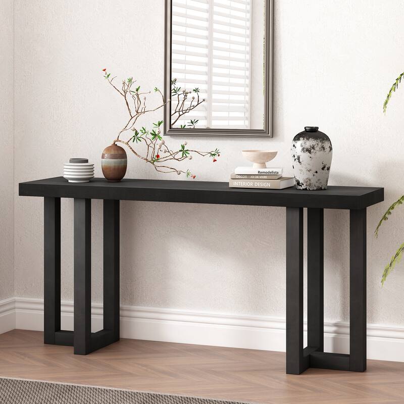 Modern U Shape Geometric Design Console Table Side Table with Solid Pine Legs, for Entryway Hallway, Living Room and Bedroom - Black
