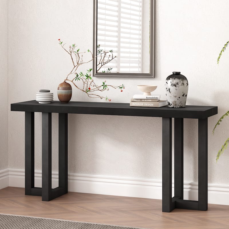Pine Veneer Geometric Console Table, Sofa Table Hallway Tables Entryway Table with Hollow Table Legs for Living Room - Black