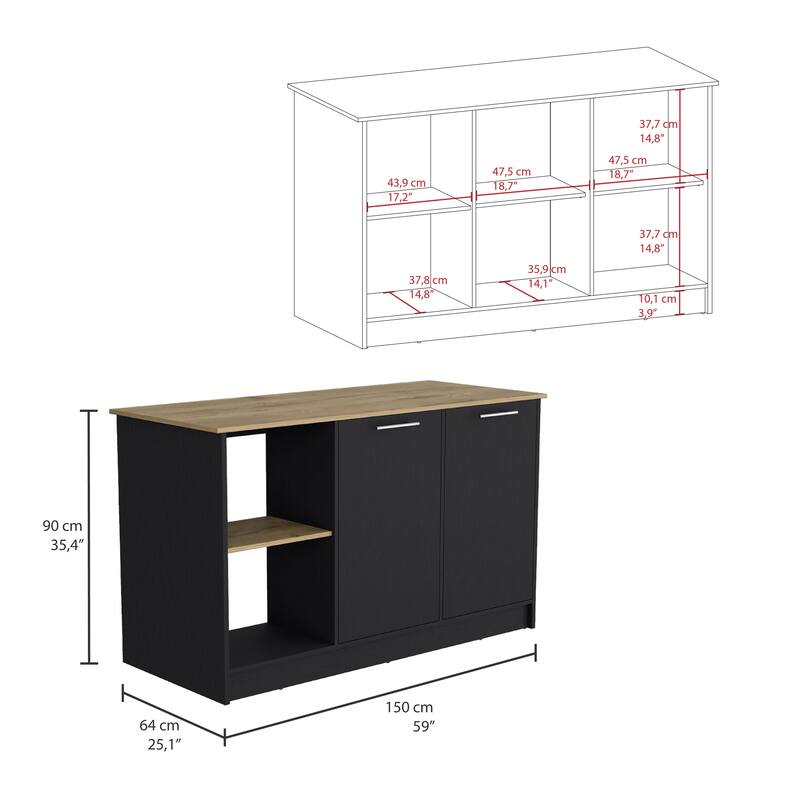 59-Inch Kitchen Island with Double Door Cabinets & Open Shelves, Light Oak/White Design