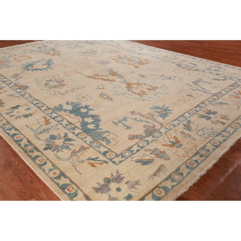 Hand Knotted Oriental 100% Wool Carpet Transitional All-Over Beige & Ivories Oushak Area Rug - 8' 5'' X 6' 6''