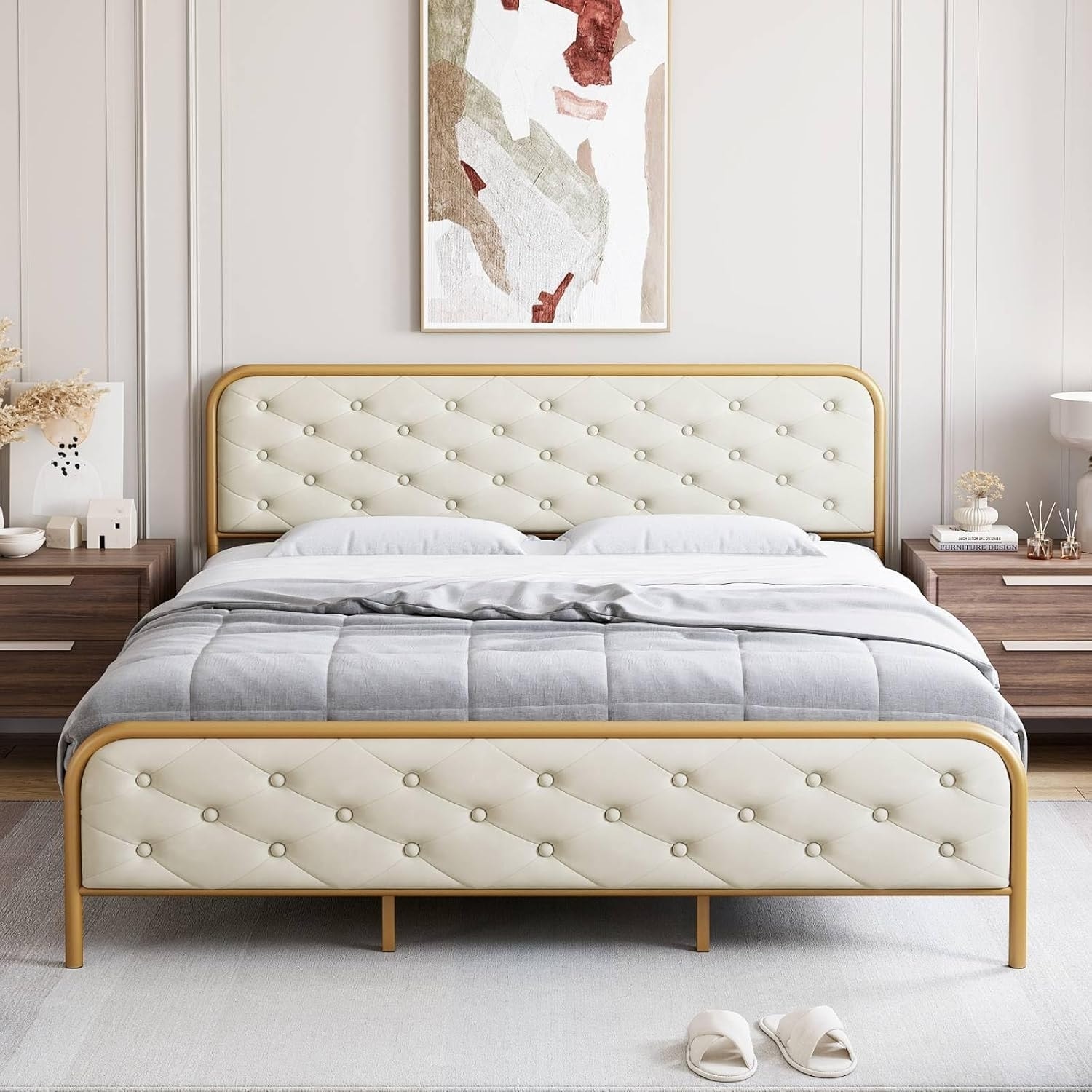 Velvet King Bed Frame with Golden Base and Tufted Headboard, Sturdy Wood Slats, Noise-Free Platform Design