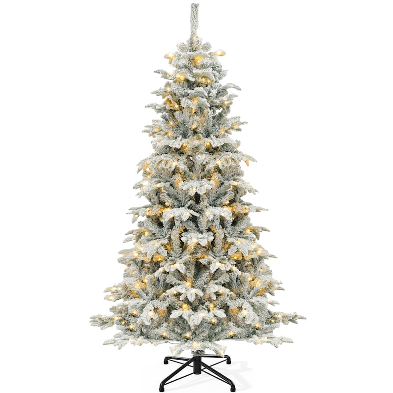 6.5 Ft Pre-Lit Snow Flocked Christmas Tree with 760 Mixed Branch Tips and 350 Lights