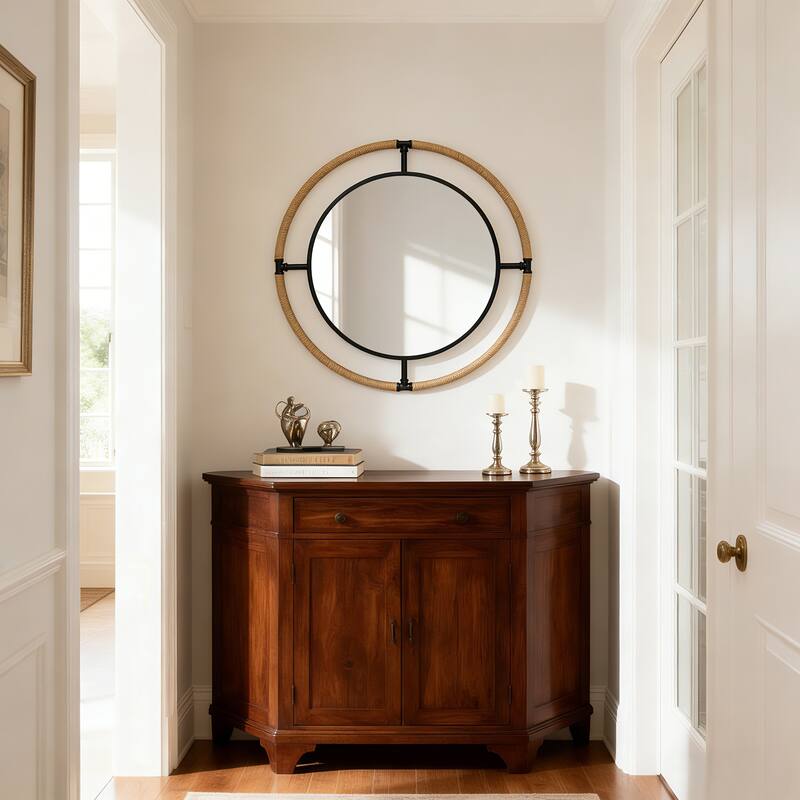 Coastal Rope & Iron Round Wall Mirror Hanging Decor for Living Room - 32"X32"