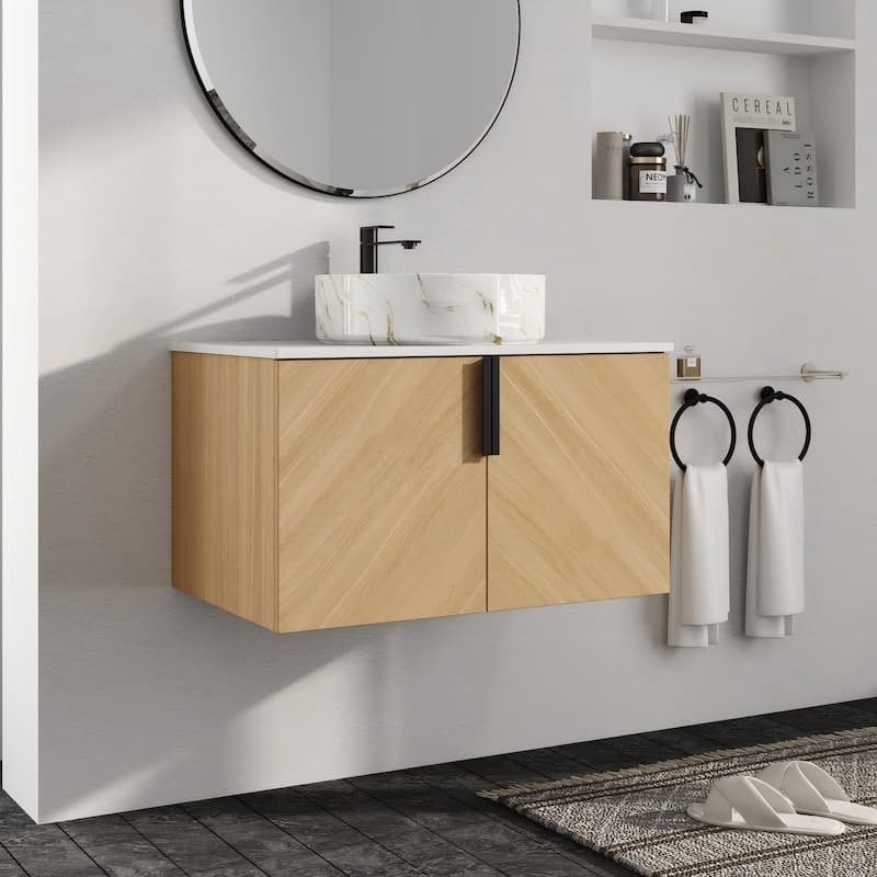 Malwee 30"/36" Floating Bathroom Vanity, Wall Mounted Bathroom Vanity with Ceramic Sink and Soft Close Door