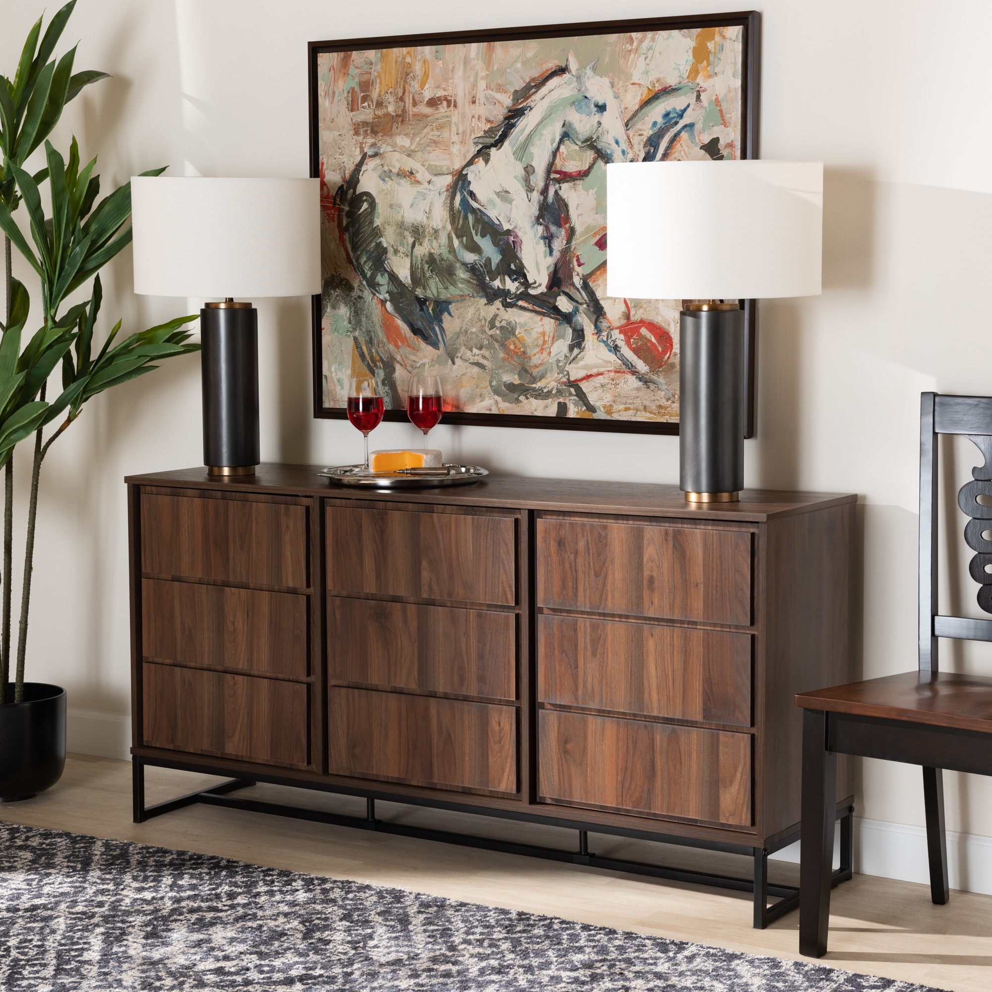 Neil Brown Wood and Black Finished Metal 3-Door Sideboard Buffet