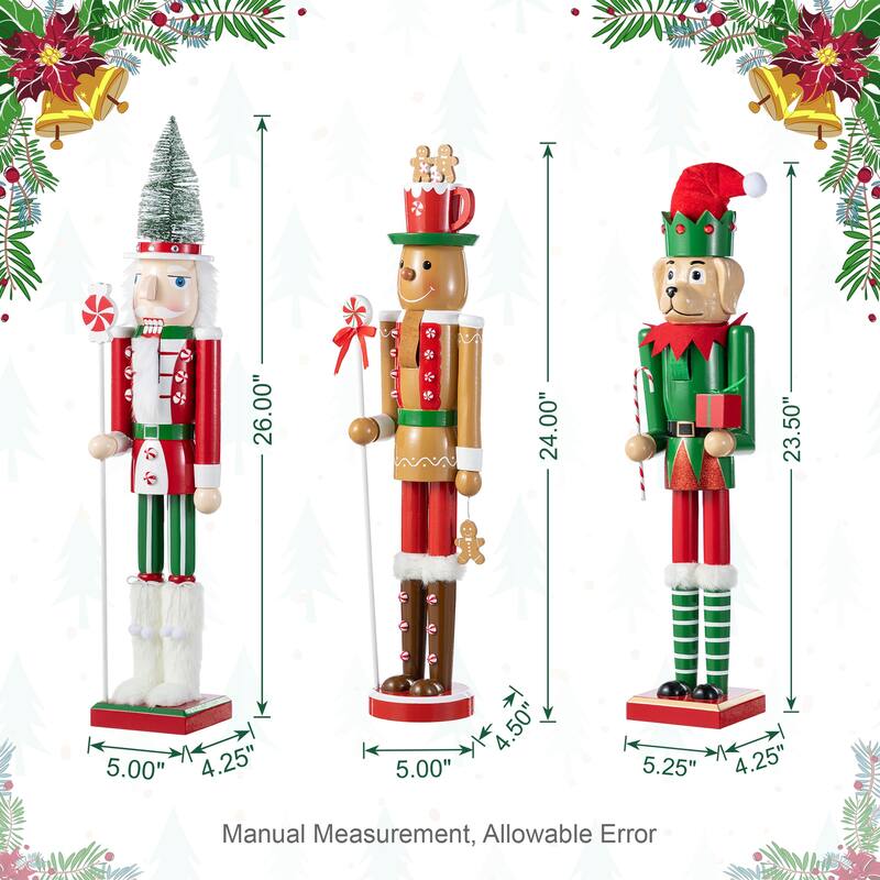 Glitzhome Set of 3 Wooden Christmas Novelty Pink Cake & Gingerbread Man & Elf Dog Nutcracker