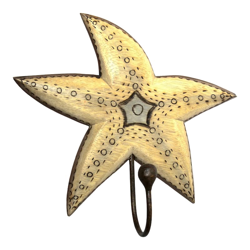 Hand Carved Starfish Single Hook Hanger Wood Burned Design Wall Decor - Brown
