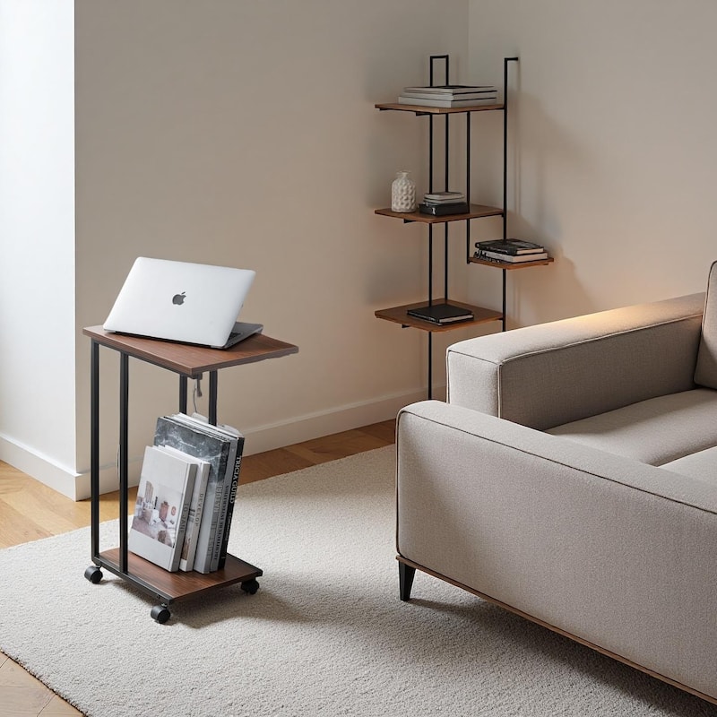 JJS Side End C Table for Sofa, Living Room Couch Table Snack Table That Slide Under for Small Spaces