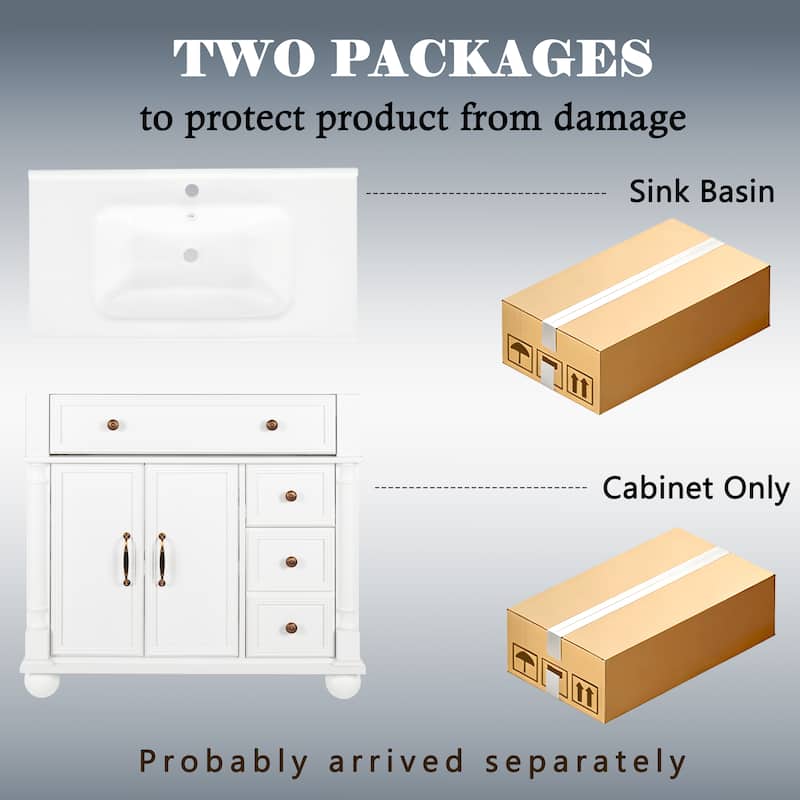 28"/36" Bathroom Vanity with Sink, Integrated Ceramic Basin Vanity Cabinet with Roman Column Base, Solid Wood Frame