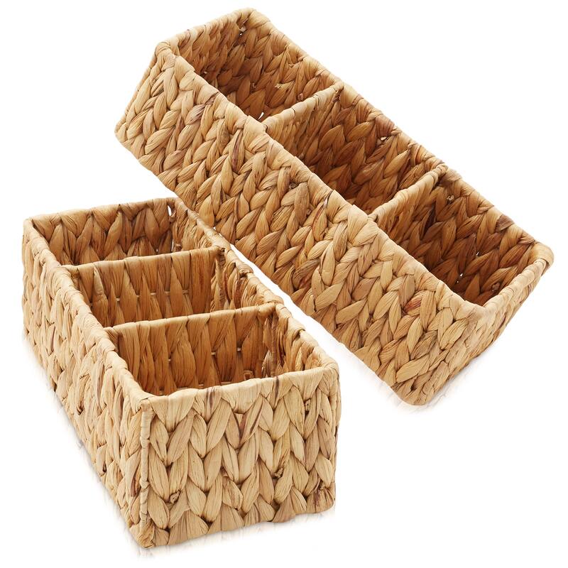 2 Water Hyacinth Storage Baskets Woven Storage Bins - Natural - Hyacinth - 3 Section