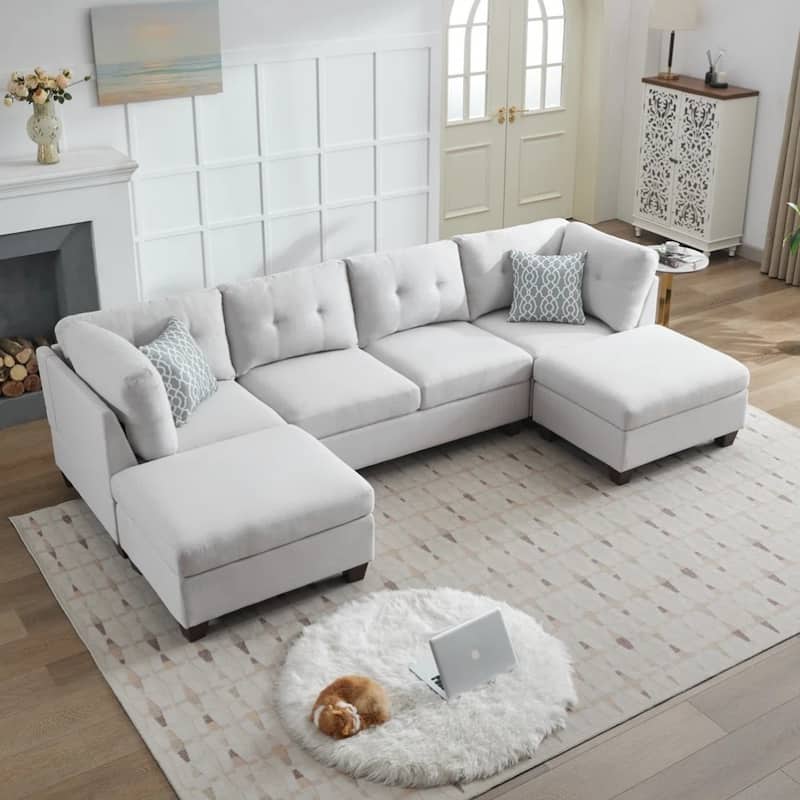Contemporary Linen Upholstered Modular Sectional Sofa with Dual Chaise Lounges - Light Grey