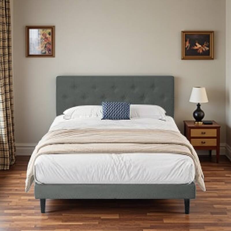 Queen Size Upholstered Platform Bed with Tufted Linen Headboard, Wood Slat Support, Tool-Free Assembly, No Box Spring Required - Twin Dark Gray - Twin