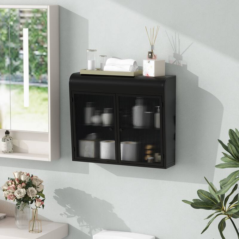 2-Door Wall-Mounted Metal Storage Cabinet with Tempered Glass Doors & Shelves for Bathroom, Kitchen, Living Room & Office