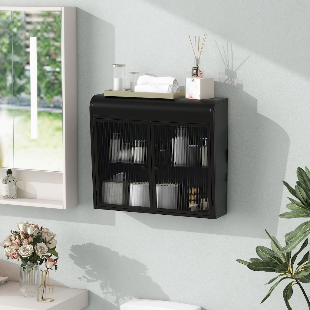 2-Door Wall-Mounted Metal Storage Cabinet with Tempered Glass Doors & Shelves for Bathroom, Kitchen, Living Room & Office