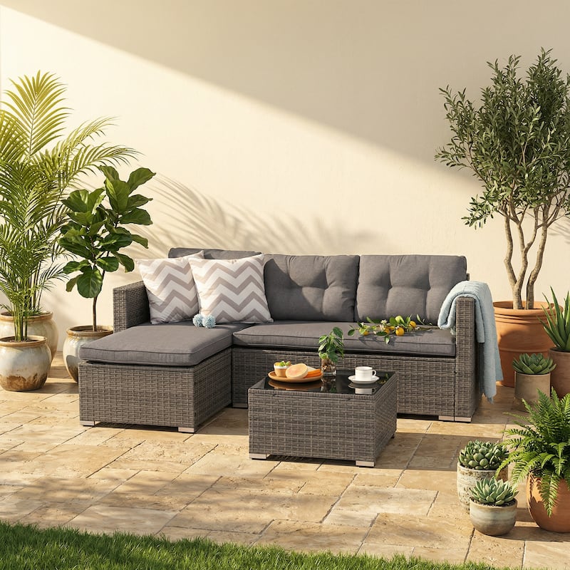 L-Shaped Outdoor Sectional Sofa, PE Wicker Patio Sofa Set with Table and Cushions