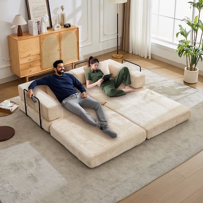 Chenille Loveseat Couch Boneless Modular Sectional Sofa Convertible Floor Sleeper Bed with Fixed-shape Frame for Living Room