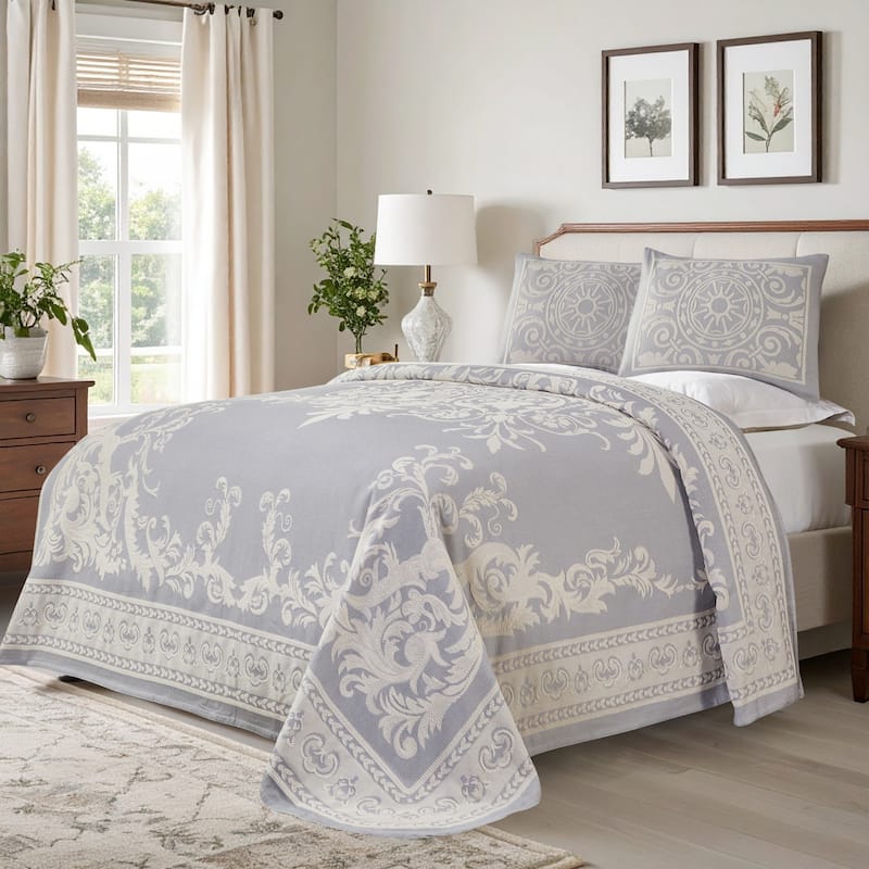 Superior Cotton Blend Oversized Vintage Medallion Bedspread Set - Slate Blue - King
