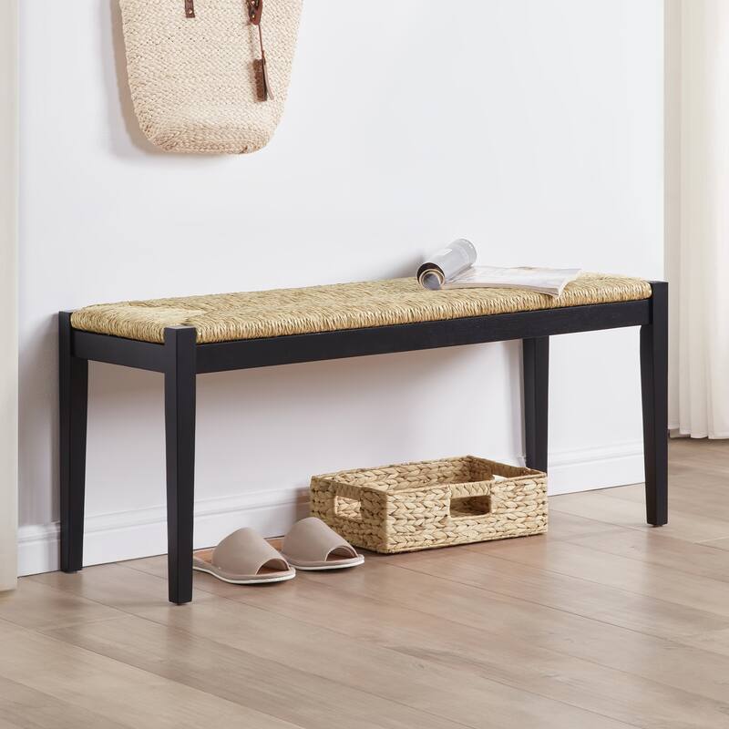 Bohemian 44.5" L Natural Weave Seagrass Rattan Entryway Dining Bench - Single - Black