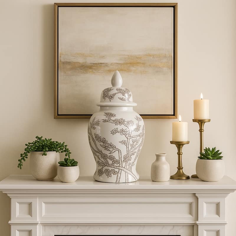 Decorative Ceramic Cherry Blossom Temple Jar with Lid - White & Brown - 14.5"