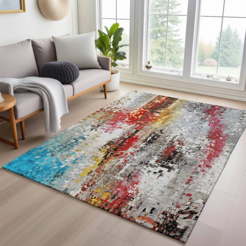 Machine Washable Indoor/ Outdoor Abstract Pixels Chantille Rug