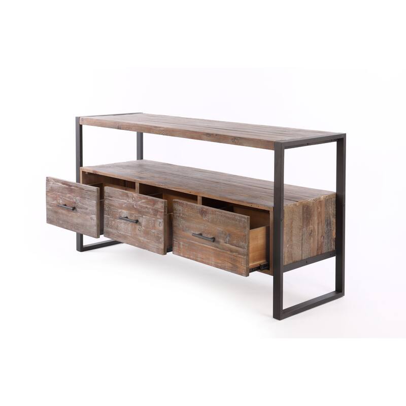 Modern Antique-Finish TV Stand Made from Recycled Wood TV Stand with 3 Drawers and Open Shelving, for Living Rooms