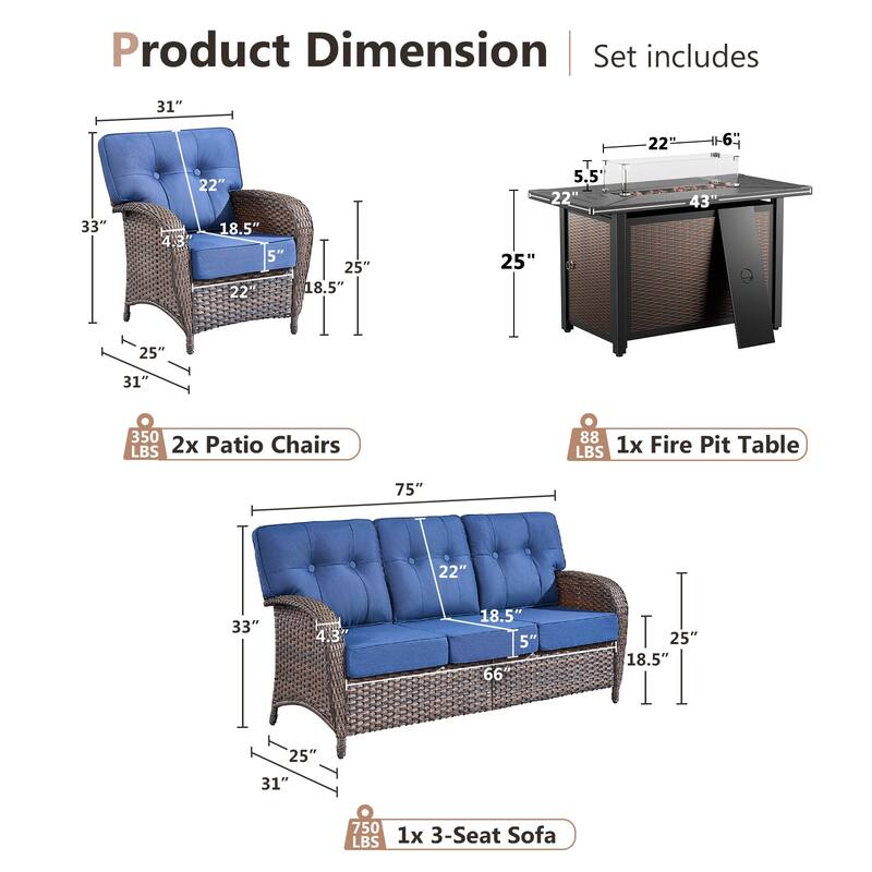 Pocassy Outdoor 43 In Fire Table with Sofa Patio Chair Set