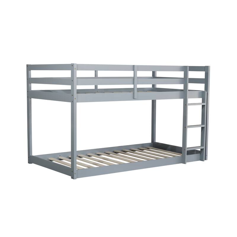 Low Loft Bed with Ladder, Solid Rubber Wooden Bed Frame for Multi Children, Floor Bed - Available with or without Slats