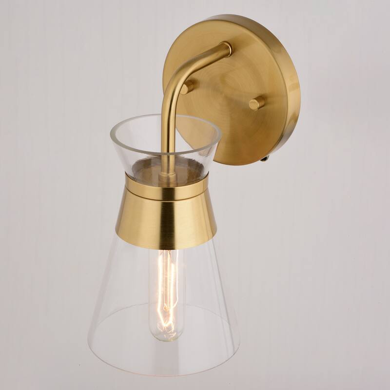VAXCEL Harper Natural Brass Gold Mid-Century Modern Bathroom Vanity Lighting Fixture, Clear Glass Shade, Wall Sconce
