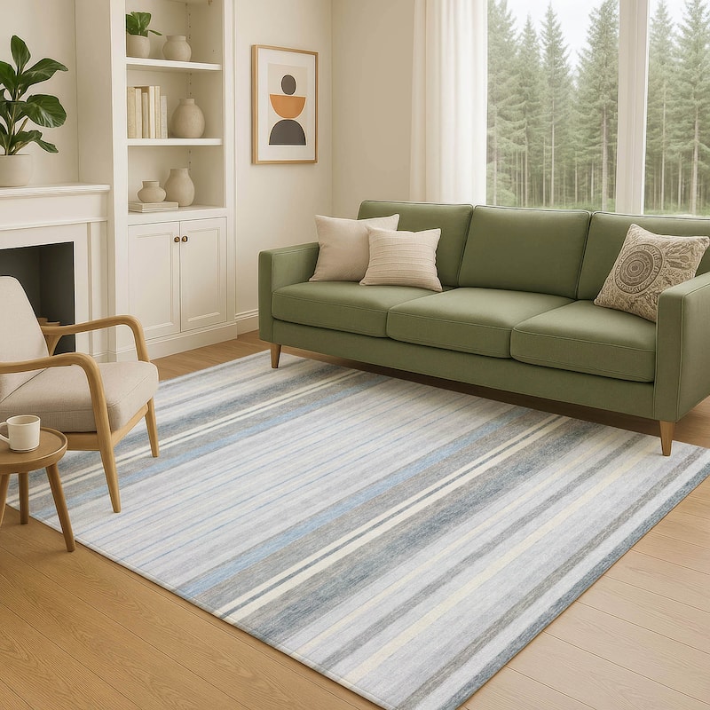 Machine Washable Indoor/ Outdoor Modern Stripes Chantille Rug