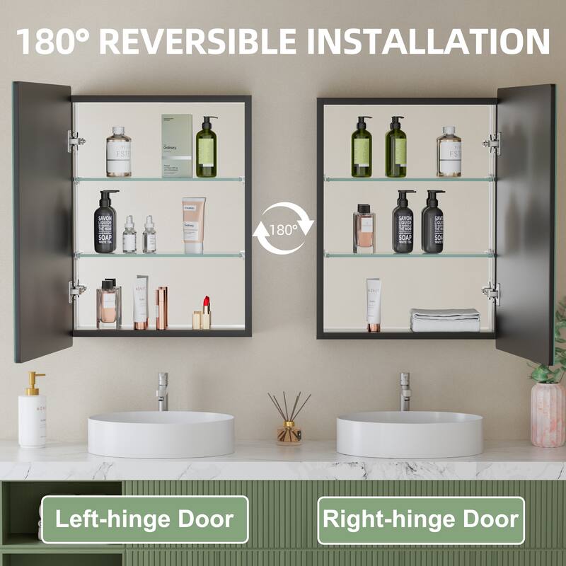 Mira Rectangular Frameless Medicine Cabinet with Mirror, Sliding Adjustable Glass Shelves, Reversible Door