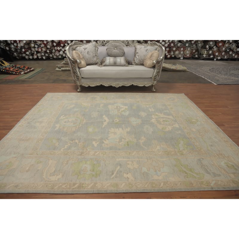Handmade Gray Oushak Vegetable Dye Area Rug, Flora Geometric Carpet - 9' 10'' X 8' 6''