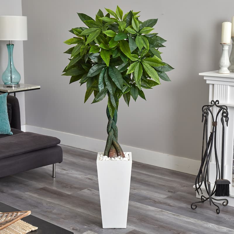 5.5ft Money Artificial Tree in White Tower Planter with Real Touch Green Leaves and Braided Trunk for Office Decor