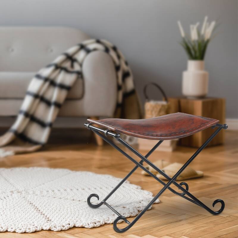 Sevita Theo Artisan Handmade Leather and Iron Accent Stool, 21" L x 17.5" W x 18" H
