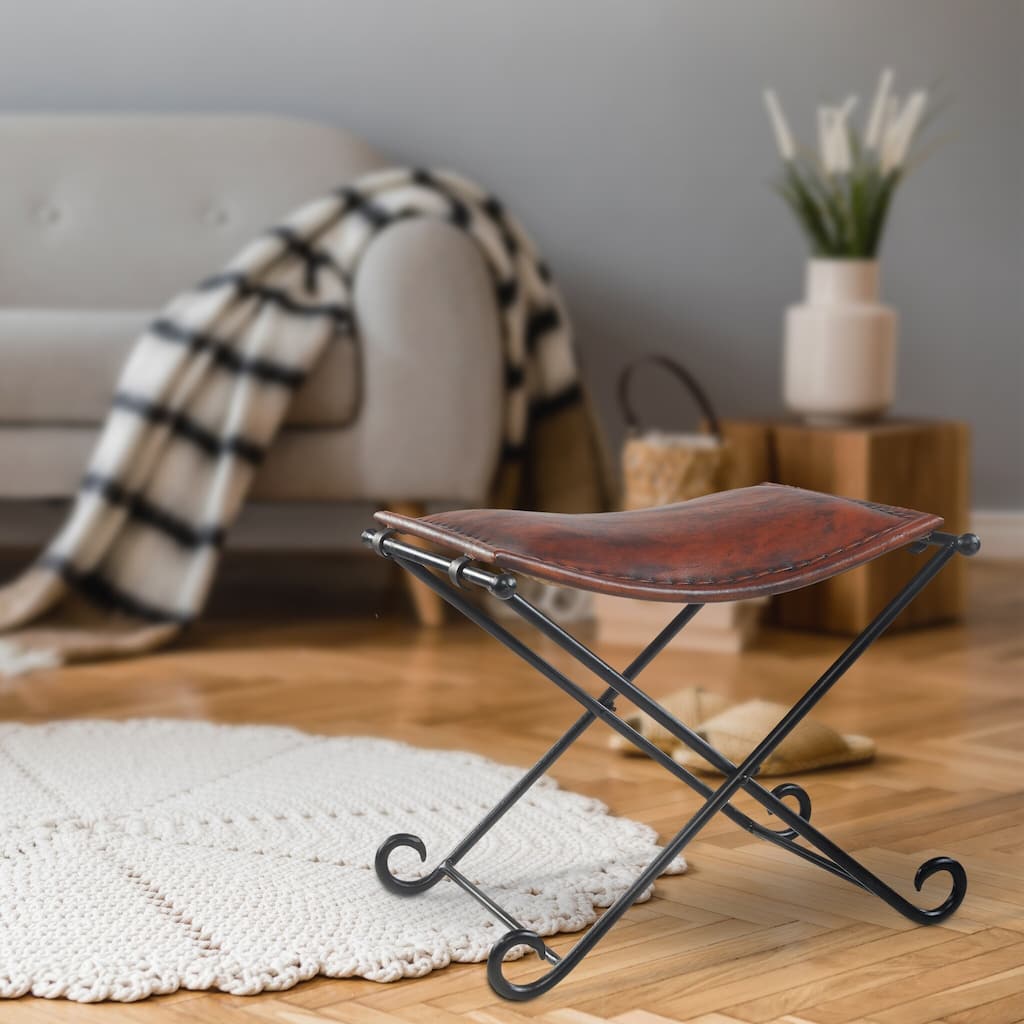 Sevita Theo Vintage Handmade Leather and Iron Accent Footstool, 18" H x 21" W x 17.5" D