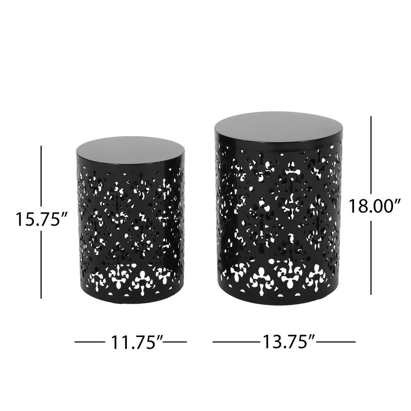 Kemo Outdoor End Table Set of 2, Round Top, Cutout Design, Black Iron