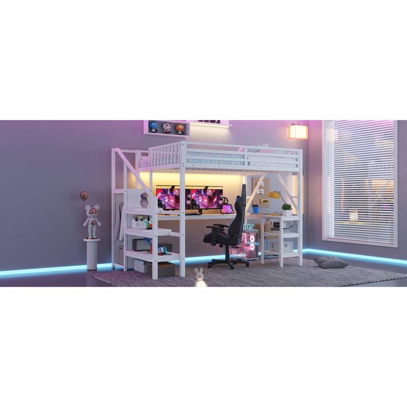 Roomfitters Full/Queen Loft Platform Bed, L-Shaped Desk and LED Wardrobe with Metal Frame for Bedroom or Guest Room