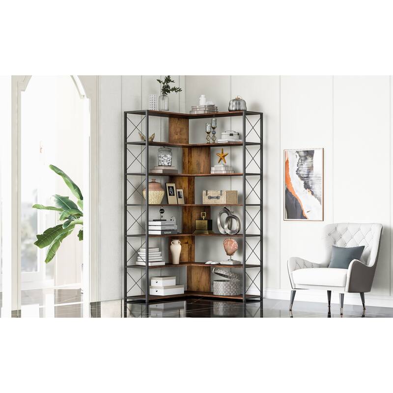 7-Tier Bookcase Home Office Bookshelf, L-Shaped Corner Bookcase with Metal Frame
