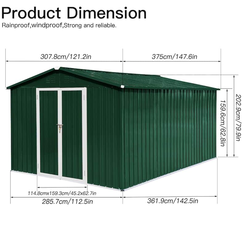Outdoor 10 x 12 ft. Metal Storage Shed with Vents and Hinged Door and Padlock