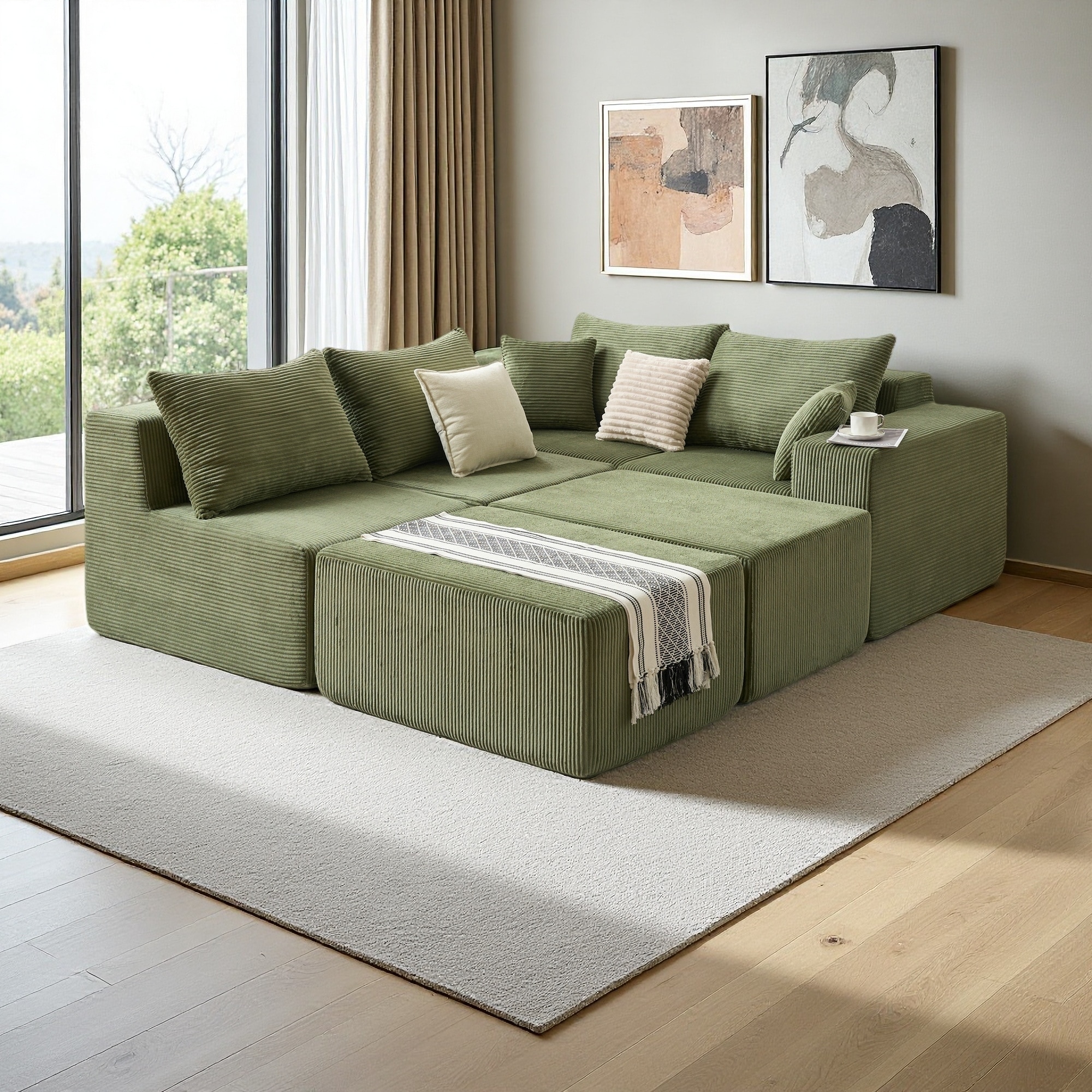 128.35" Corduroy 6-Piece U-Shaped Modular Sectional Sofa with Ottoman Included and 6 Pillows