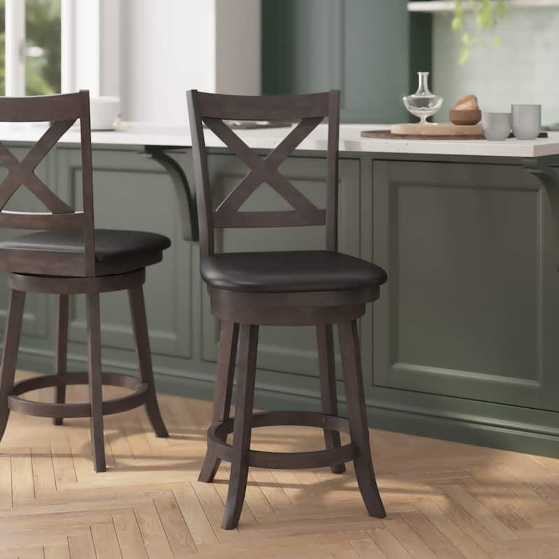 Commercial Wooden Swivel Upholstered Counter Stool - Gray Wash Walnut/Black