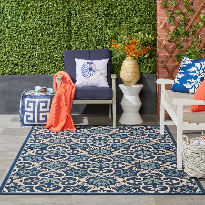 Nourison Caribbean Floral Geometric Indoor/Outdoor Area Rug - 5'3" x 7'5" - Navy