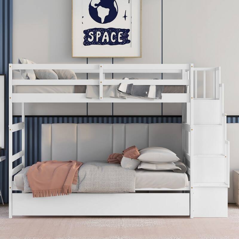 Space-Saving Twin Bunk Bed with Pull-Out Trundle and Stairway Storage, Perfect for Multi-Kid Bedrooms