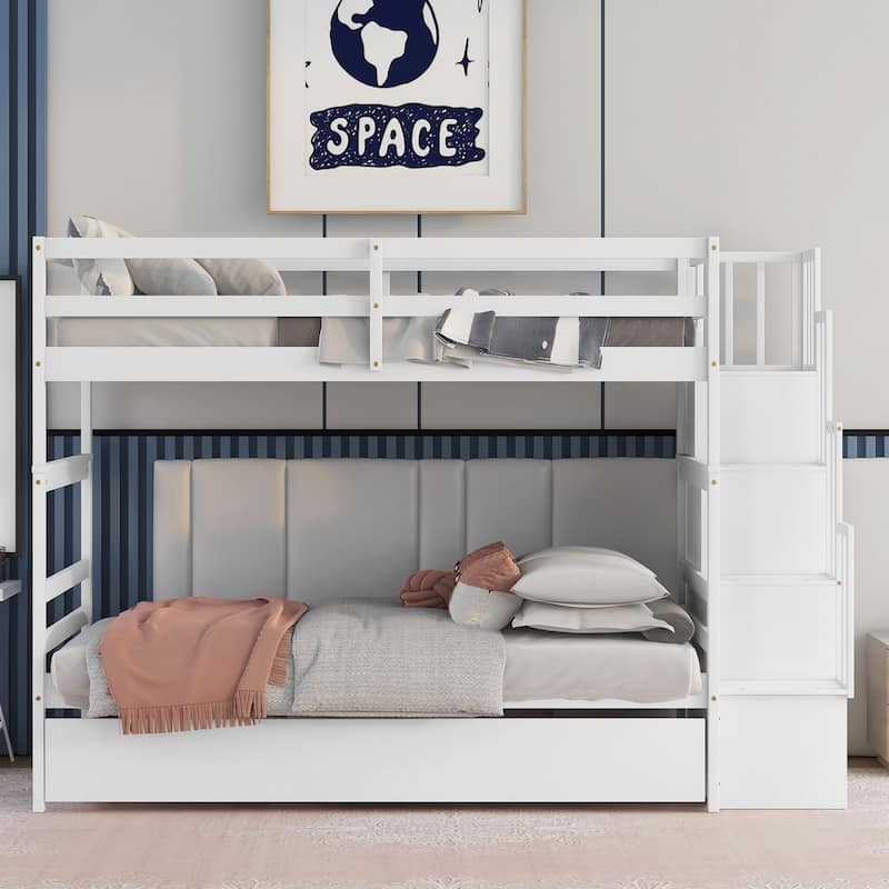 Twin Over Twin Pine Bunk Bed with Trundle and Storage Staircase