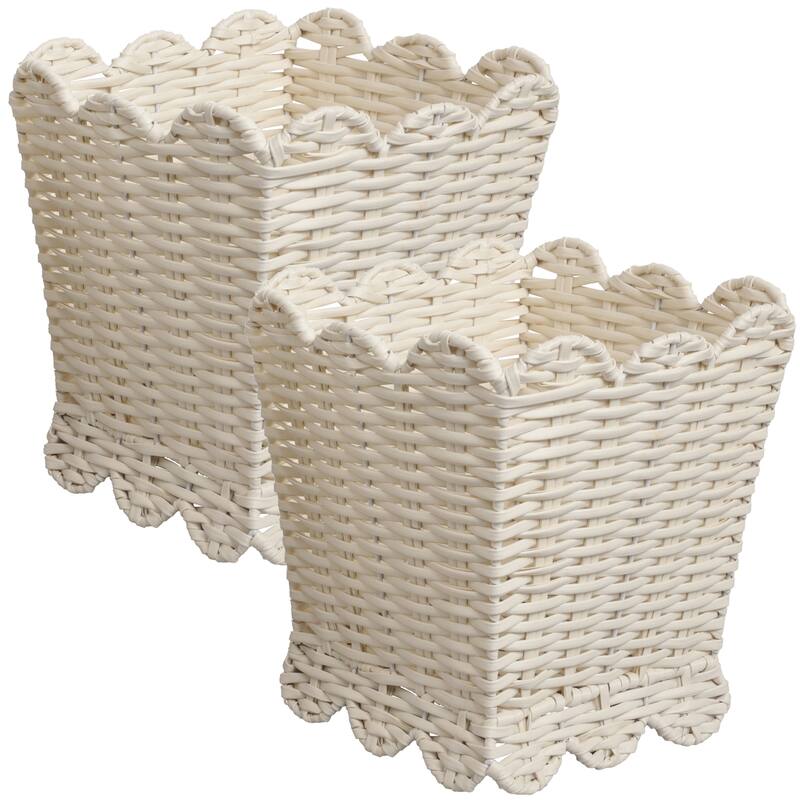 Silas Farmhouse Resin 3.3-Gallon Tapered Square Wicker Watebasket with Scalloped Edge (Set of 2) - White