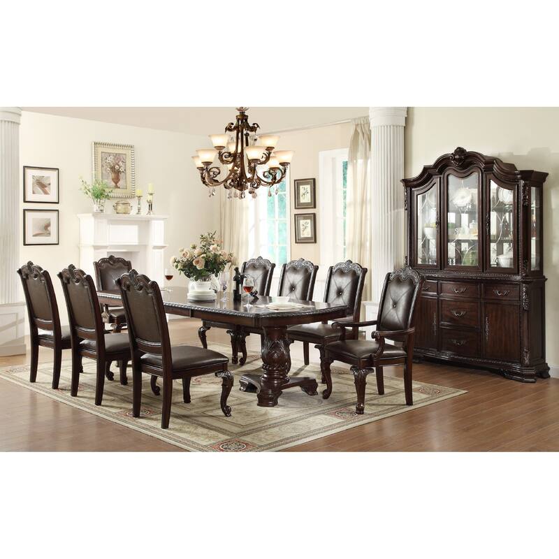 Hand Carved Dining Side Chair with Faux Leather Padded Seat and Button Tufting